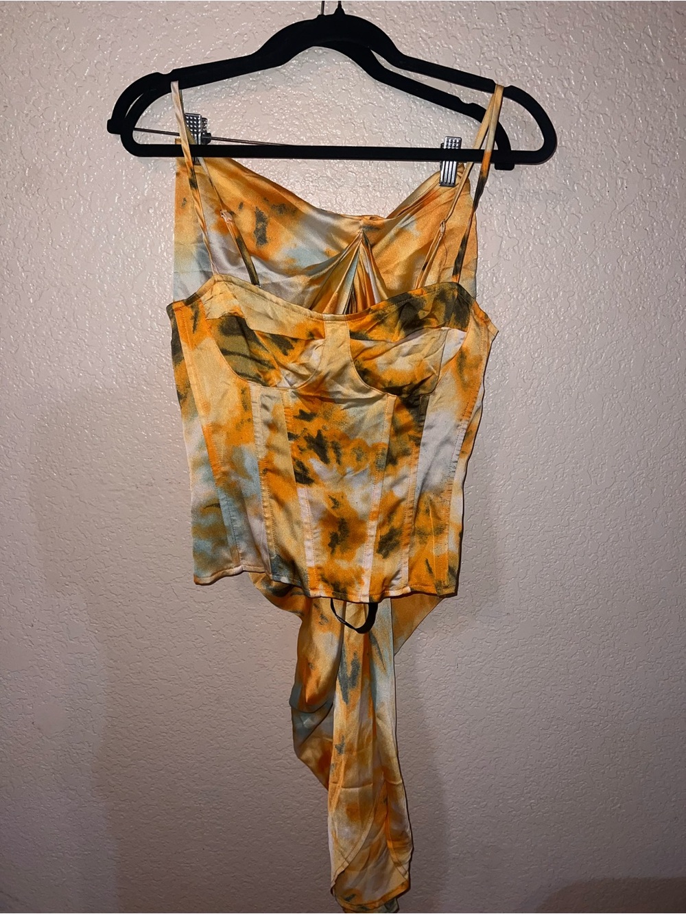 NWT PrettyLittleThing Yellow Tie-Dye Asymmetrical Skirt & Top Set